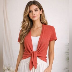 Eileen Fisher 100% Linen Rust Tie-Front Short Sleeve Top Plus Size 1X